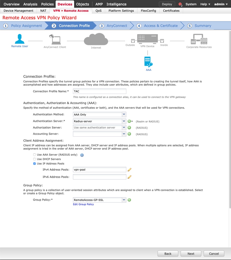 Asistente para FMC de acceso remoto: configuración del perfil de conexión