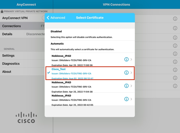 Graphical User Interface, Application AnyConnect. Image of Select Certificate on AnyConnect Application.