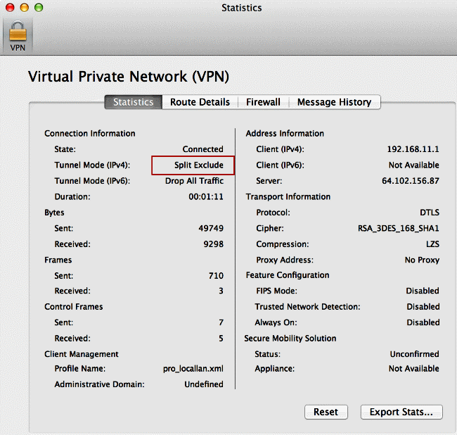 Choose the Statistics Tab in Order to Display the Tunnel Mode