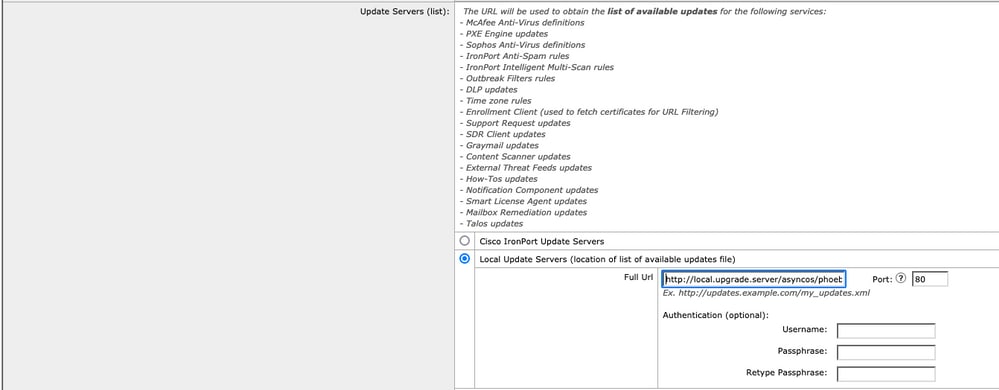 Web security applicatie (WSA) en de Cisco e-mail security applicatie (ESA) AsyncOS-upgrades - basis-URL-instelling