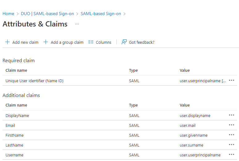 Azure Basic SAML Configuration Attributes and Claims