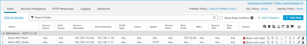 Une règle Block (blocage) avec repos configurée sur l’interface utilisateur de Cisco Firepower Management Center (FMC) 