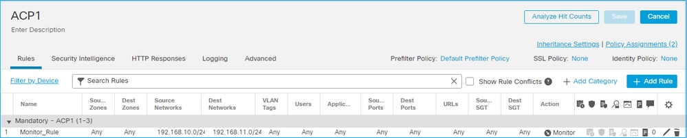 Una regla de monitoreo configurada en la interfaz de usuario del FMC