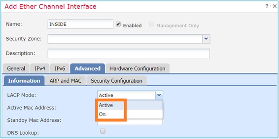 Modi (LACP actief of ON (AAN)) worden geconfigureerd via het tabblad Advanced (Geavanceerd)