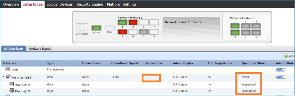 لم يتم تعيين FXOS Port-Channel إلى الجهاز المنطقي