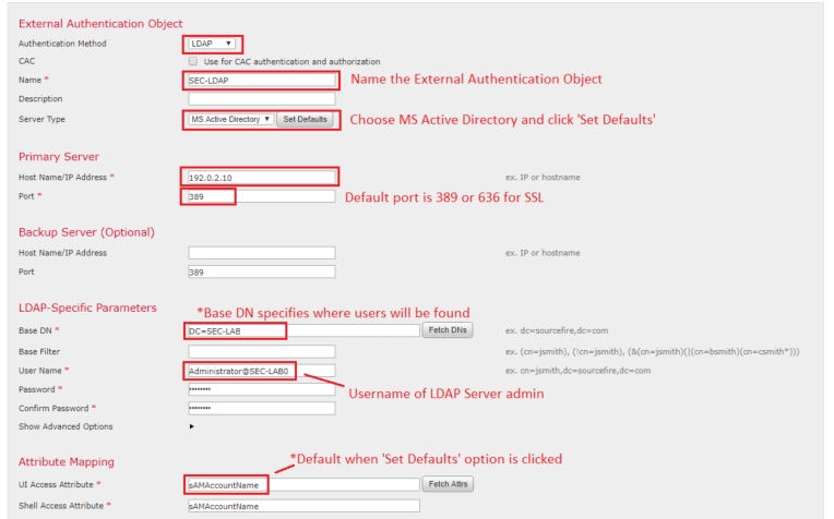 Cisco FMCおよびFTDの外部認証設定の必須フィールドを入力します