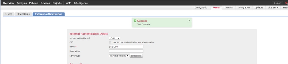 Cisco FMCでの外部認証オブジェクト設定のテストの実行