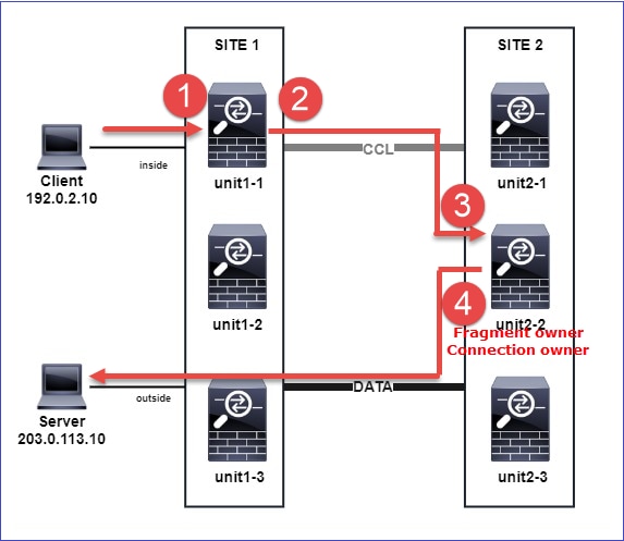 Topology with the Flow of a Fragmented ICMP Echo Request from Client to Server