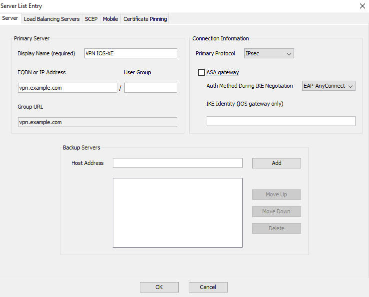 プロファイルエディタ – サーバーリストエントリ