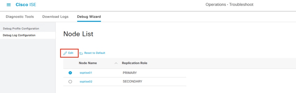 Selecting a node to debug on ISE.