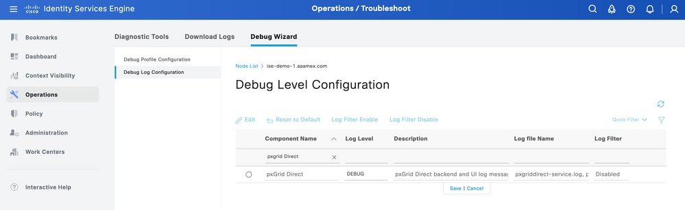 Configurazione registro di debug