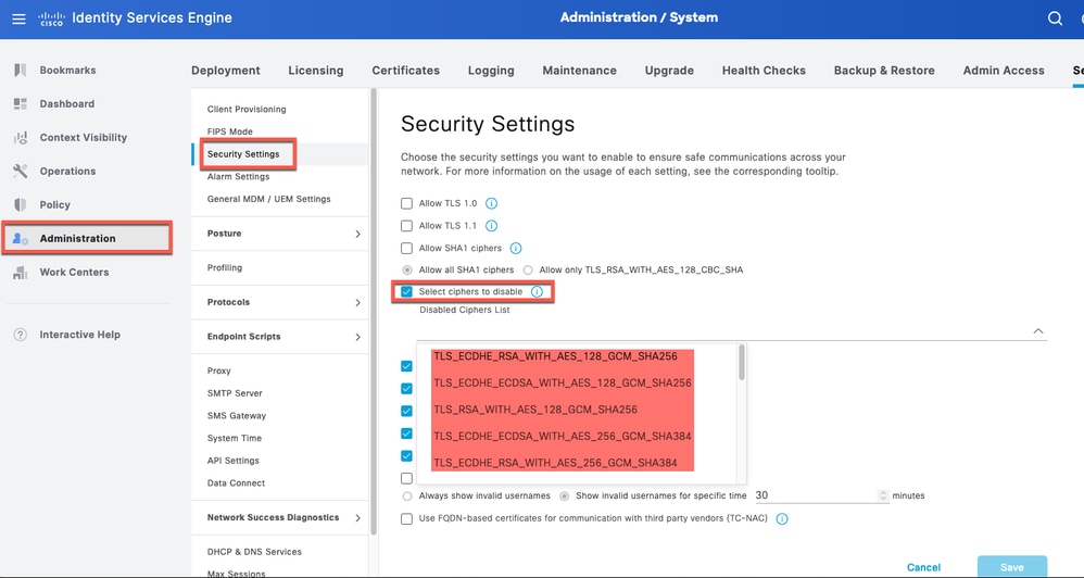 暗号を無効にするオプションISE 3.3