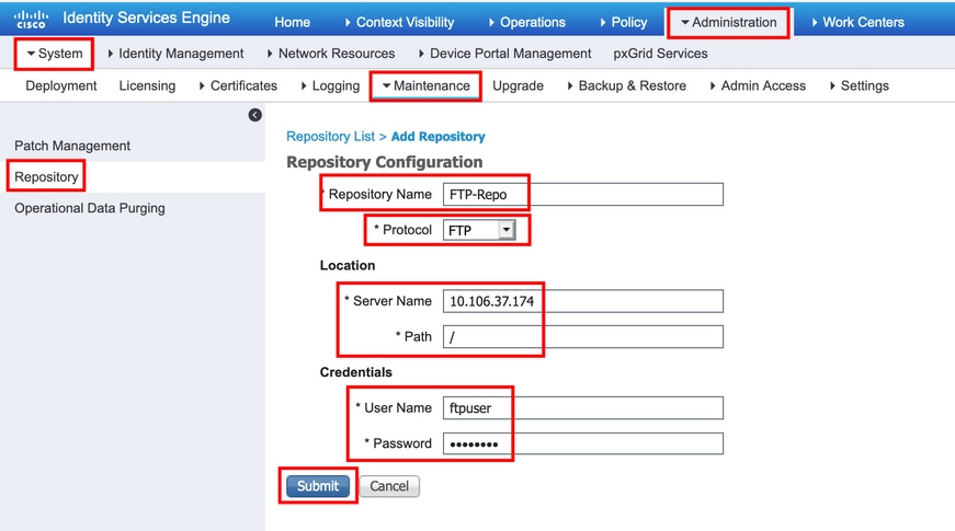 Introduzca los parámetros de configuración para un repositorio FTP y haga clic en Enviar