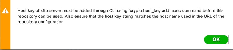 Mensaje: Mensaje para utilizar CLI para agregar la clave de host del servidor SFTP