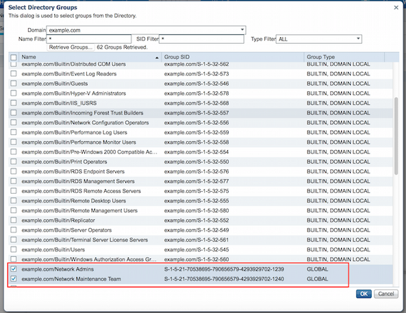 Network Admins AD GroupおよびNetwork Maintenance Team AD Groupチェックボックスを選択します