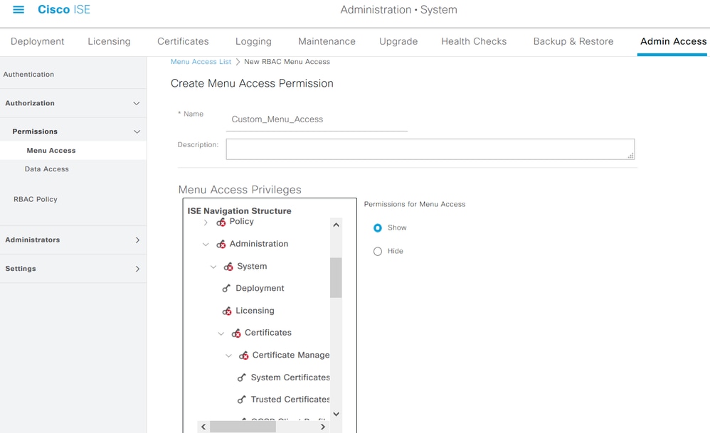 Admin Menu Access Configuration