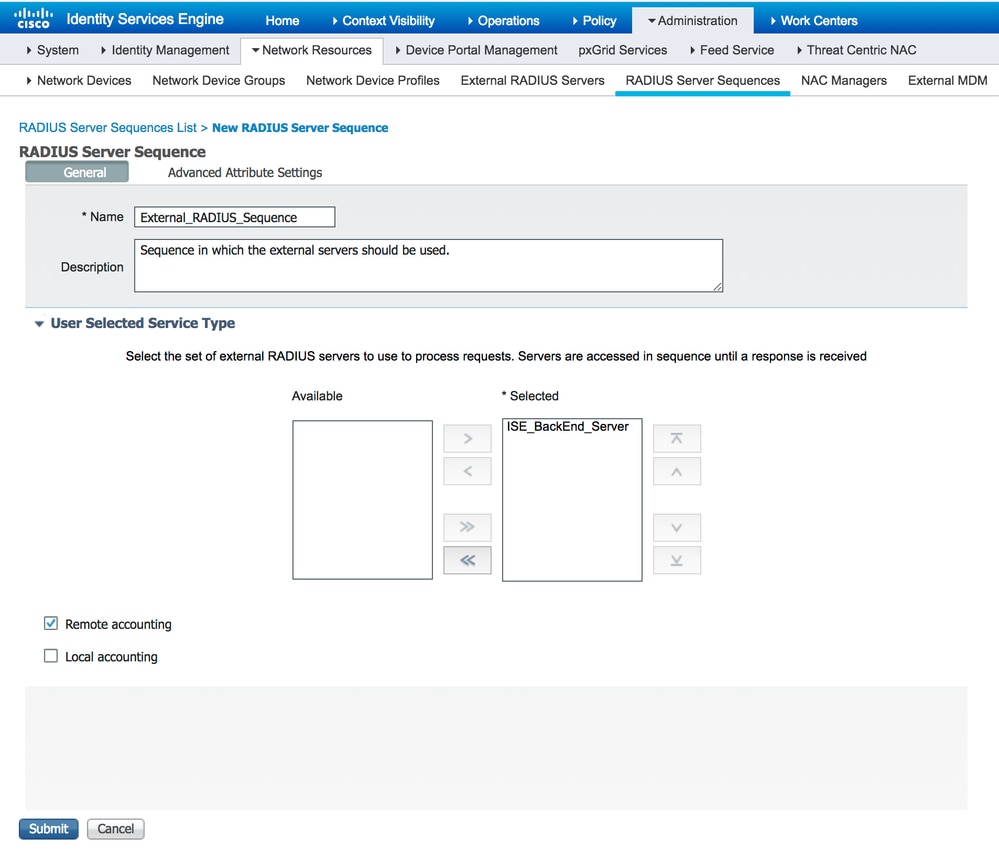 Configurazione delle sequenze di server RADIUS per server RADIUS esterni su ISE