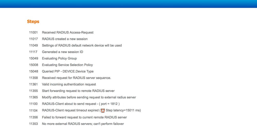 Verifica della procedura descritta nel report di autenticazione e risoluzione dei problemi di connettività con il server RADIUS esterno