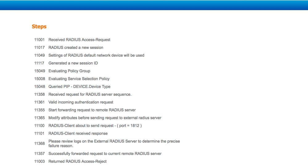 Risoluzione dei problemi di autenticazione sul server RADIUS esterno e risposta di rifiuto dell'accesso