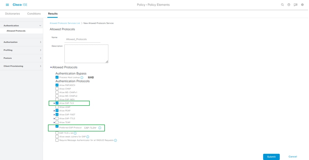 Configure EAP-TLS Authentication with ISE - Protocols to Allow ISE to Use During Authentication Request