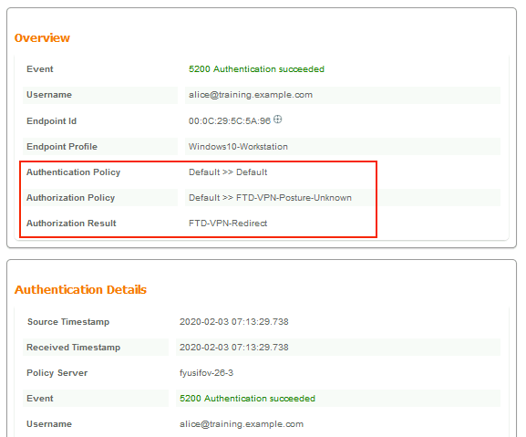 ISE detailed live log report - Authorization policy FTD-VPN-Posture-Unknown is matched and as result