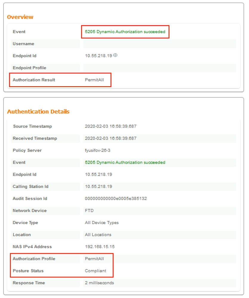 ISE detailed live log report - Authorization policy FTD-VPN-Posture-Unknown is matched and as result