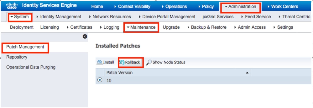 Roll Back the Patch on all the ISE Nodes in Deployment