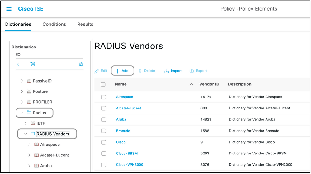 Cisco ISE RADIUS 벤더 추가