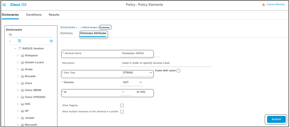 Sélections d'attributs du dictionnaire Cisco ISE, puis envoyer