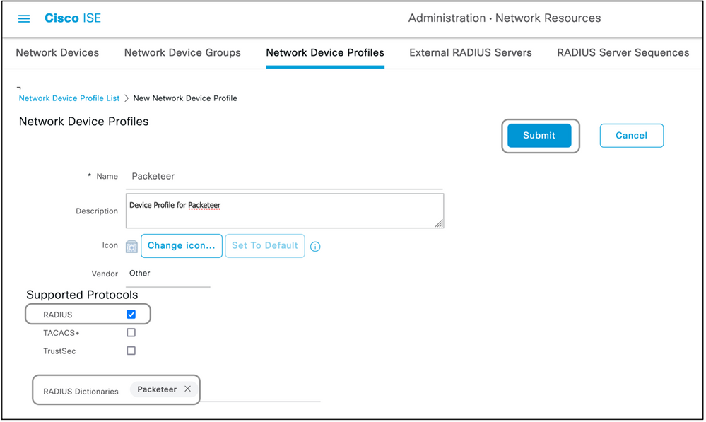 添加Cisco ISE网络设备配置文件，然后提交