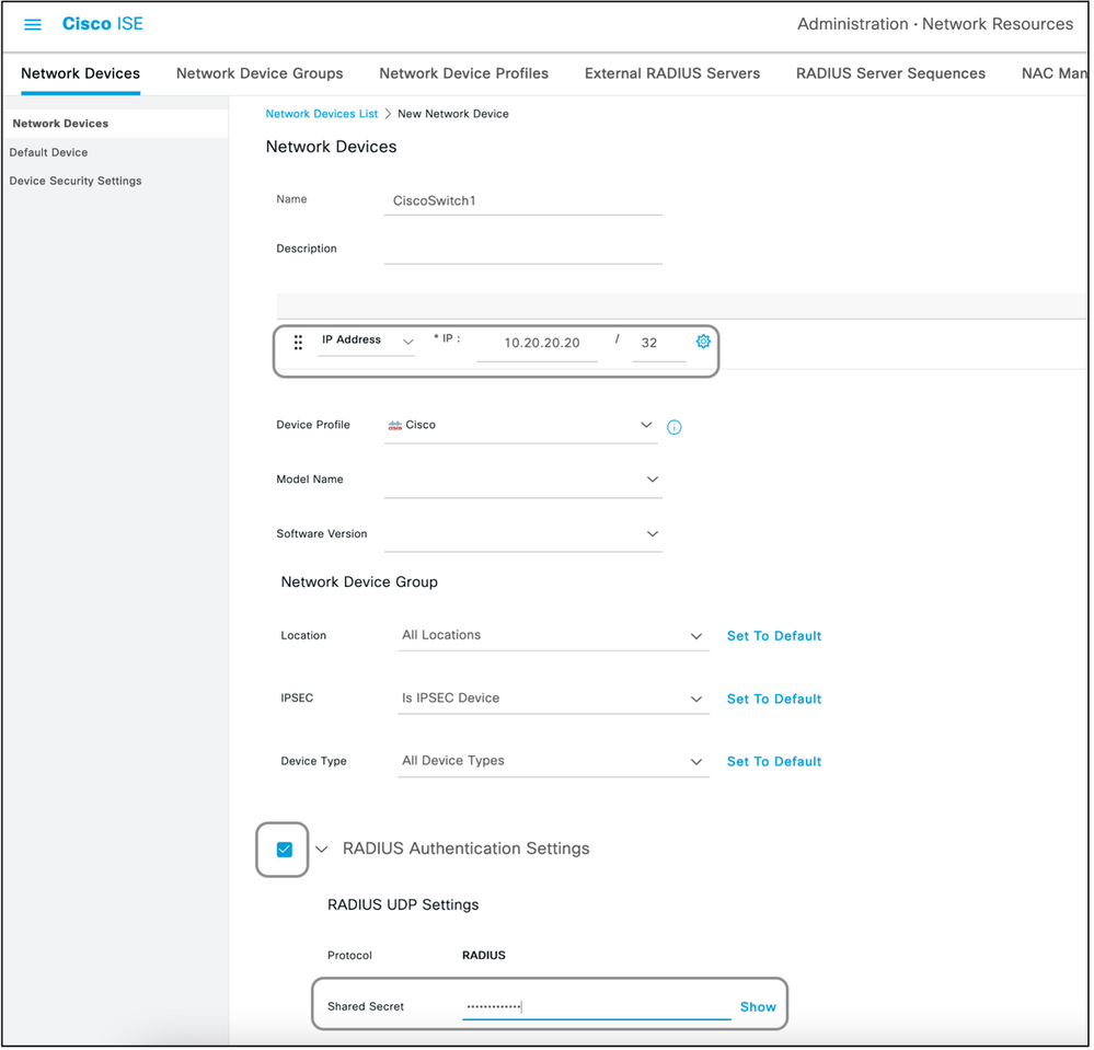 Cisco ISE-netwerkapparaten - Selecteer instellingen voor IP RADIUS-verificatie