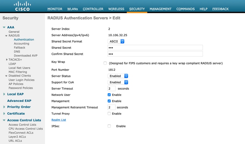 edit RADIUS auth server on the WLC