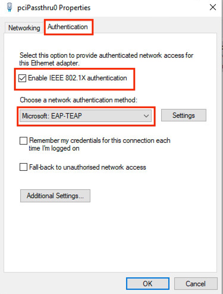 مصادقة تكوين العميل الأصلي ل Windows