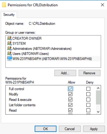 Choose the CA computer and allow full control