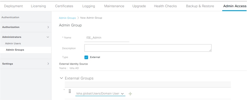 Integrazione di Microsoft AD per Cisco ISE - Configurare il gruppo amministrativo in Mapping gruppo AD