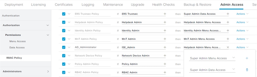 Integrazione di Microsoft Active Directory per Cisco ISE - Impostazione delle autorizzazioni RBAC per il gruppo amministrativo