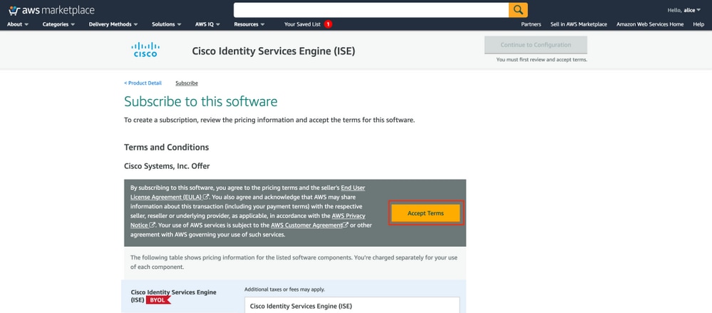 Cisco ISE on AWS - Accept Terms