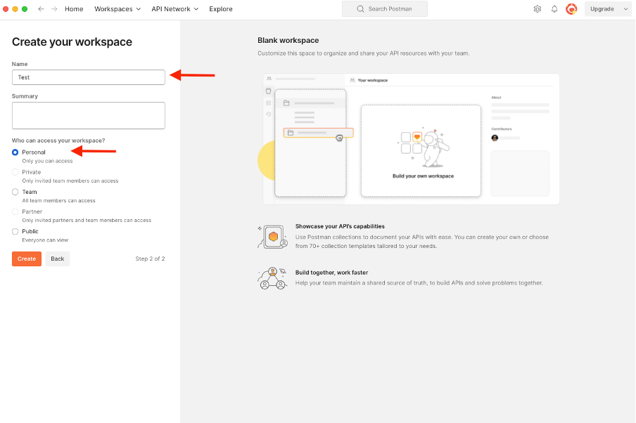 Tipo di accesso a Postman Workspace