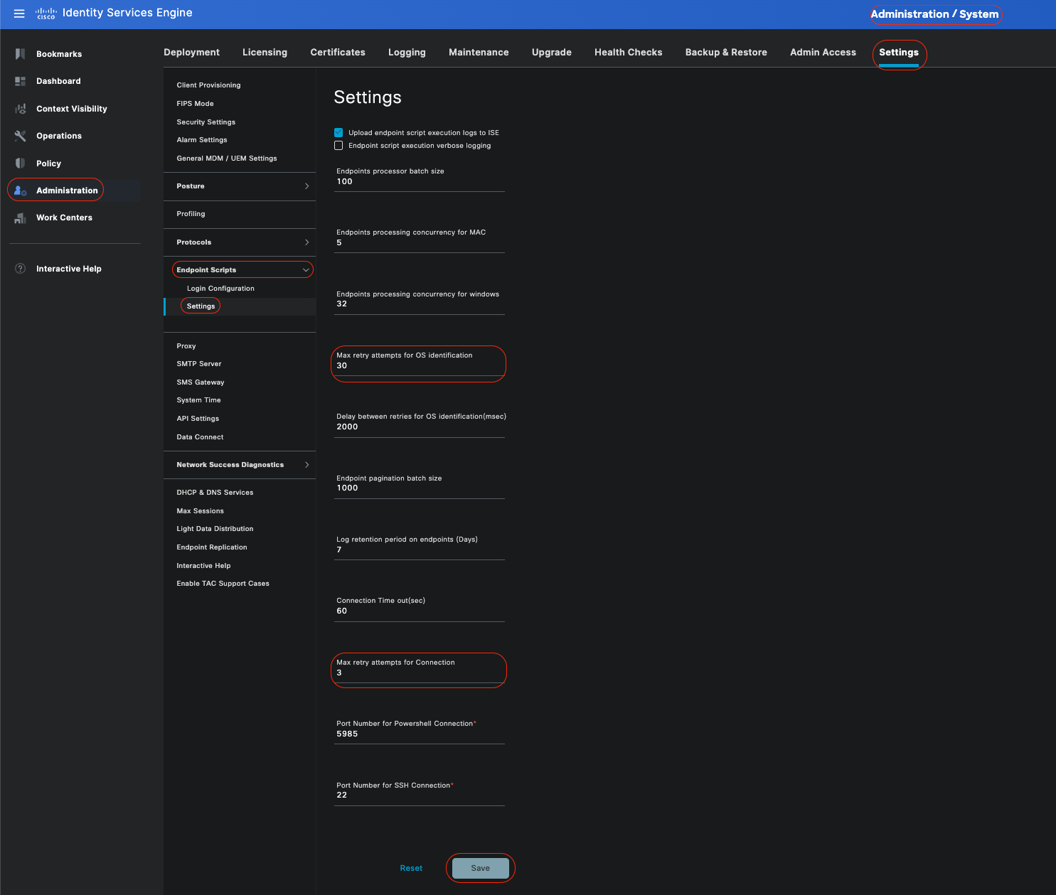 Impostazioni script endpoint