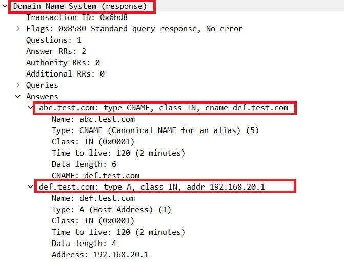 Détail des paquets de la résolution DNS