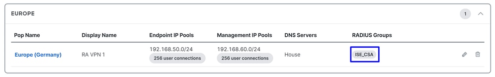 Pool di gestione - Radius assegnato