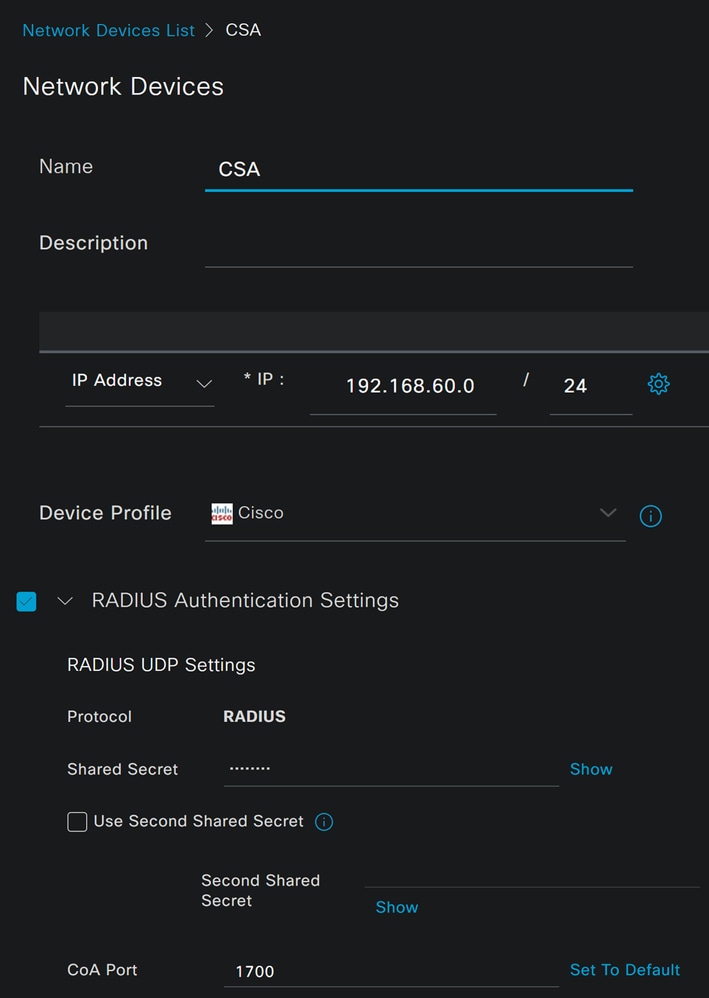 ISE:Network Device List（ネットワークデバイスリスト）:CSA