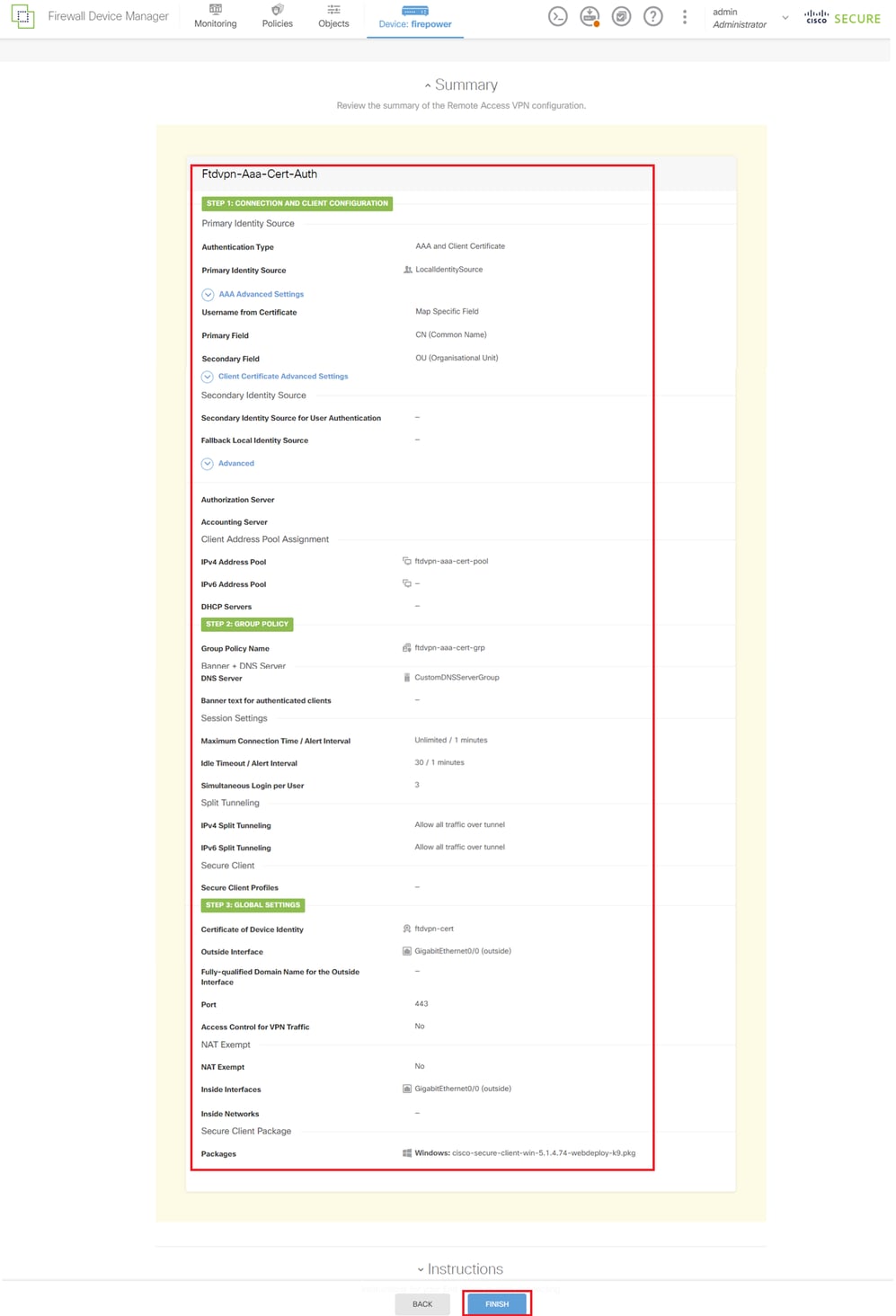 Confirmer les paramètres du profil de connexion