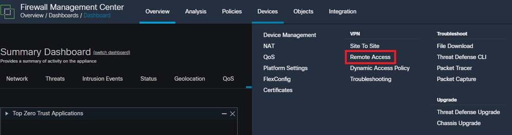 Displays navigating the FMC GUI to get to the Remote Access VPN Policy configuration.