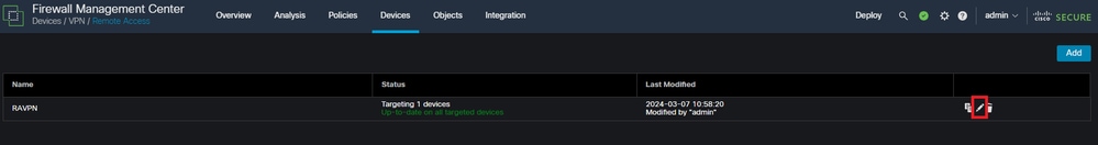 Displays how to edit the Remote Access VPN Policy within the FMC UI.