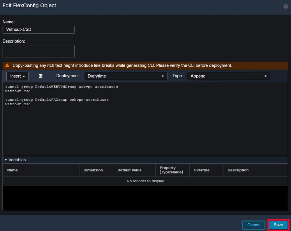 Creating a FlexConfig object with 'without-csd'