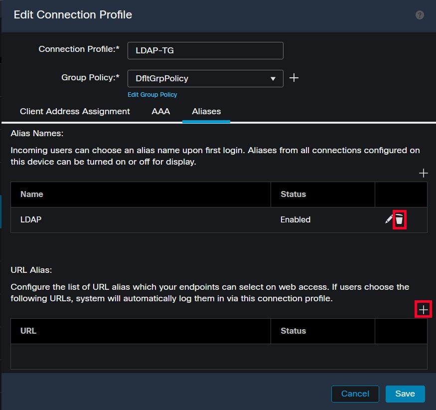 Deleting the group-alias option for a tunnel-group within the FMC UI.