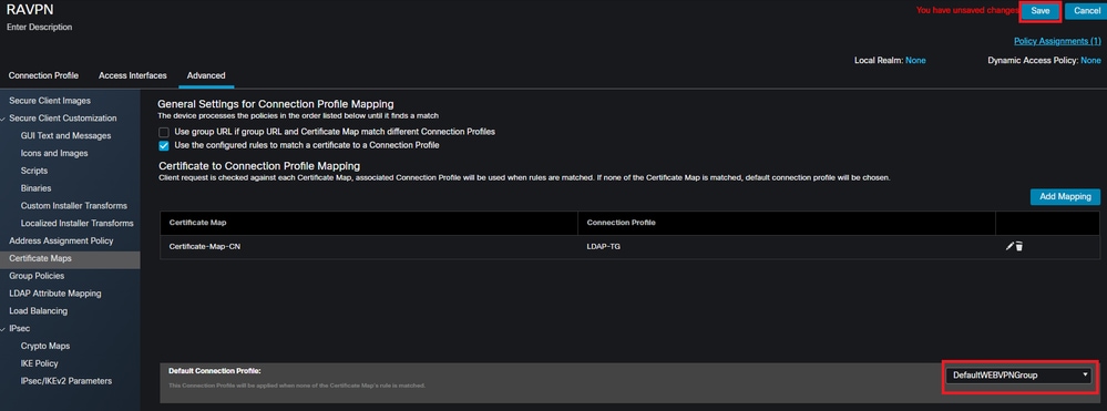 Change the default connection profile for certificate mapping to the DefaultWEBVPNGroup within the FMC UI.