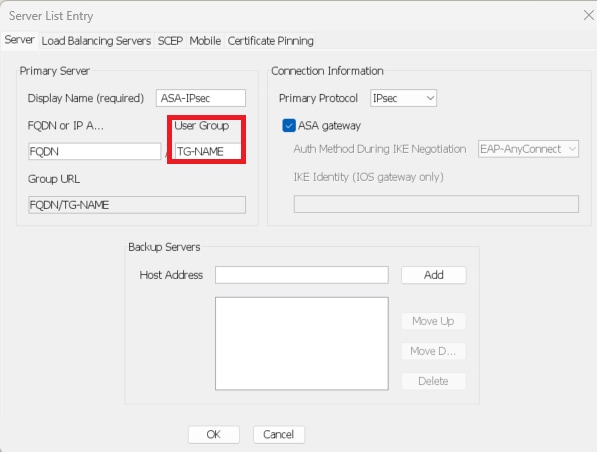 Change the primary protocol to IPsec. Match the User Group name to the ASA tunnel-group name for IPsec-IKEv2 connections.