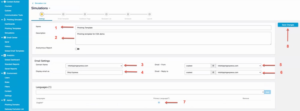 Fields that need to be filled into configure new simulation